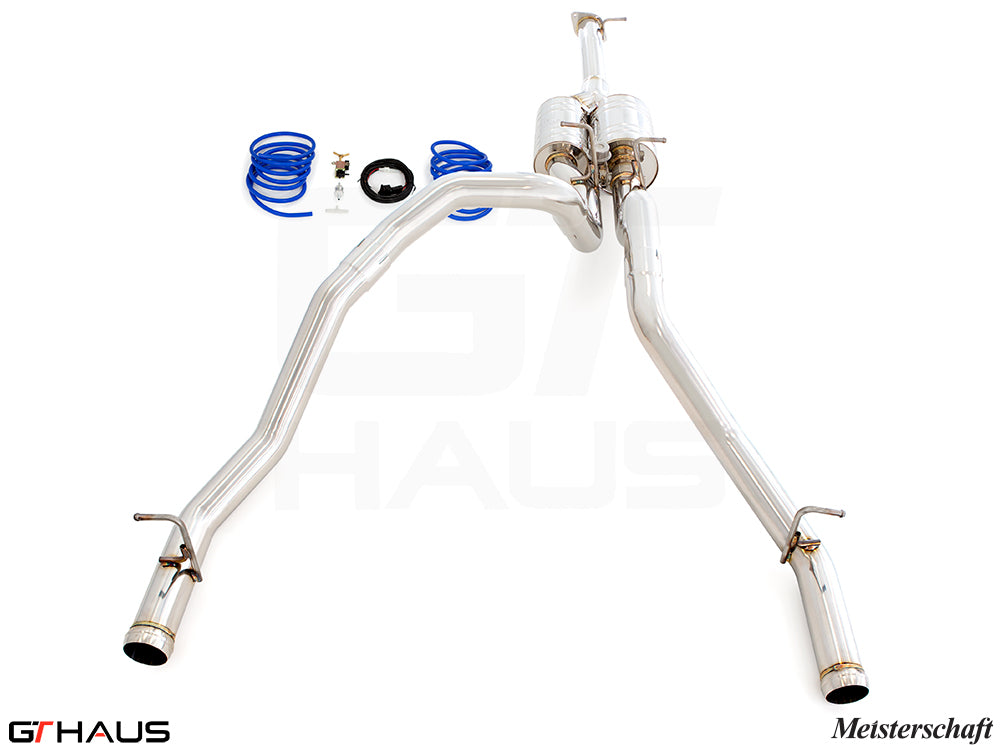 Premium performance exhaust system for 2019+ RAM 1500 with 5.7 HEMI V8, featuring stainless steel construction and components.