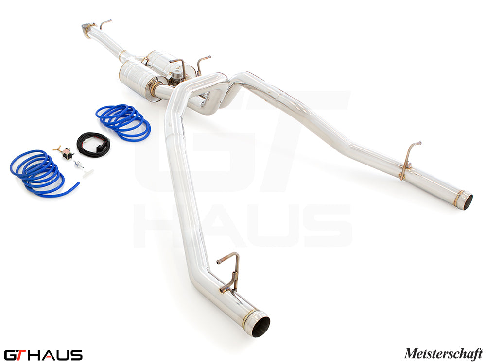 Premium performance exhaust system for 2019+ RAM 1500 with 5.7 HEMI V8, featuring stainless steel construction and accessories.