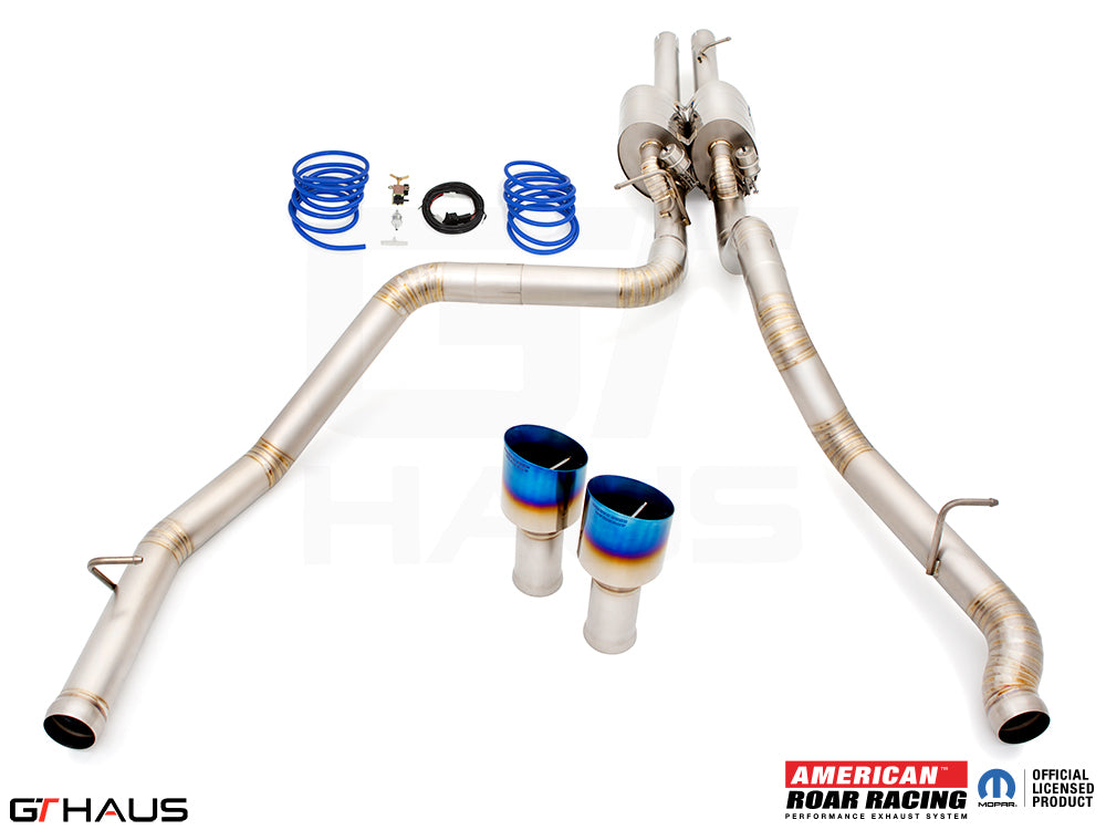 Premium exhaust system for RAM RHO (V6T) 2025+, featuring stainless steel construction and blue-tipped exhaust tips.