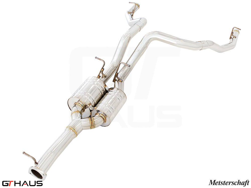 Premium stainless steel exhaust system for RAM 1500 5.7 HEMI V8, featuring dual pipes and high-performance design.