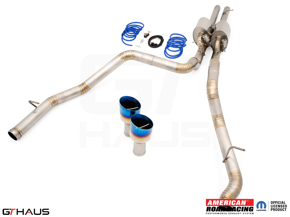 Premium performance exhaust system for RAM RHO (V6T) 2025+, featuring stainless steel construction and blue tips.