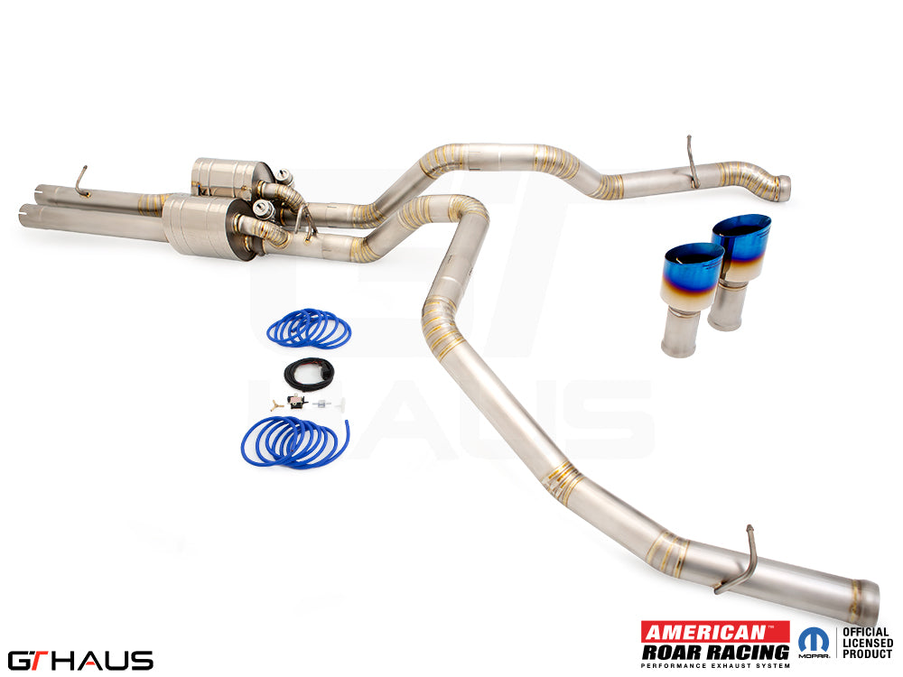 Premium exhaust system for RAM TRX 6.2L SC HEMI V8 (2021-2024) featuring stainless steel construction and blue tips.