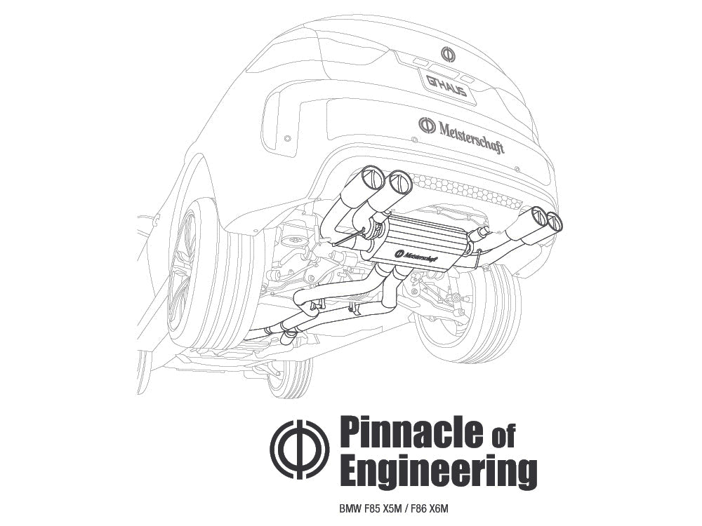 Illustration of MEISTERSCHAFT exhaust system for BMW F85 X5M and F86 X6M, showcasing engineering details and design.
