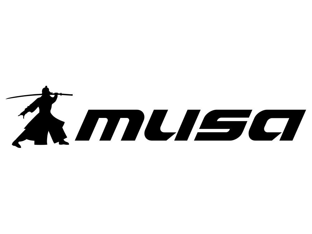 MUSA decal featuring a samurai silhouette and bold lettering, designed for automotive enthusiasts. Two pieces included.