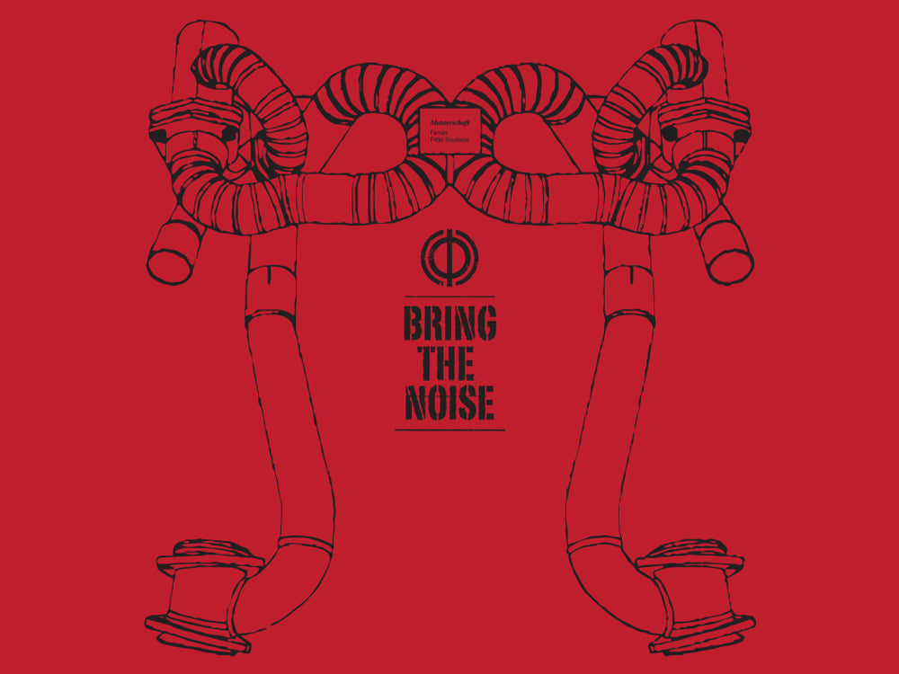 Red MEISTERSCHAFT T-shirt featuring a graphic of Ferrari F430 Scuderia exhaust pipes with "BRING THE NOISE" text.
