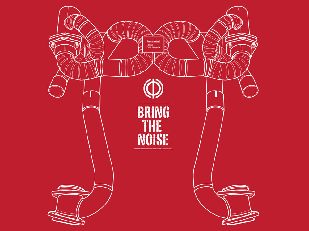 Red MEISTERSCHAFT T-shirt featuring a graphic of Ferrari F430 Scuderia exhaust pipes with the phrase "Bring the Noise.