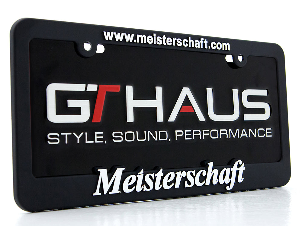 Meisterschaft license frame featuring GTHAUS branding, emphasizing style, sound, and performance for automotive enthusiasts.