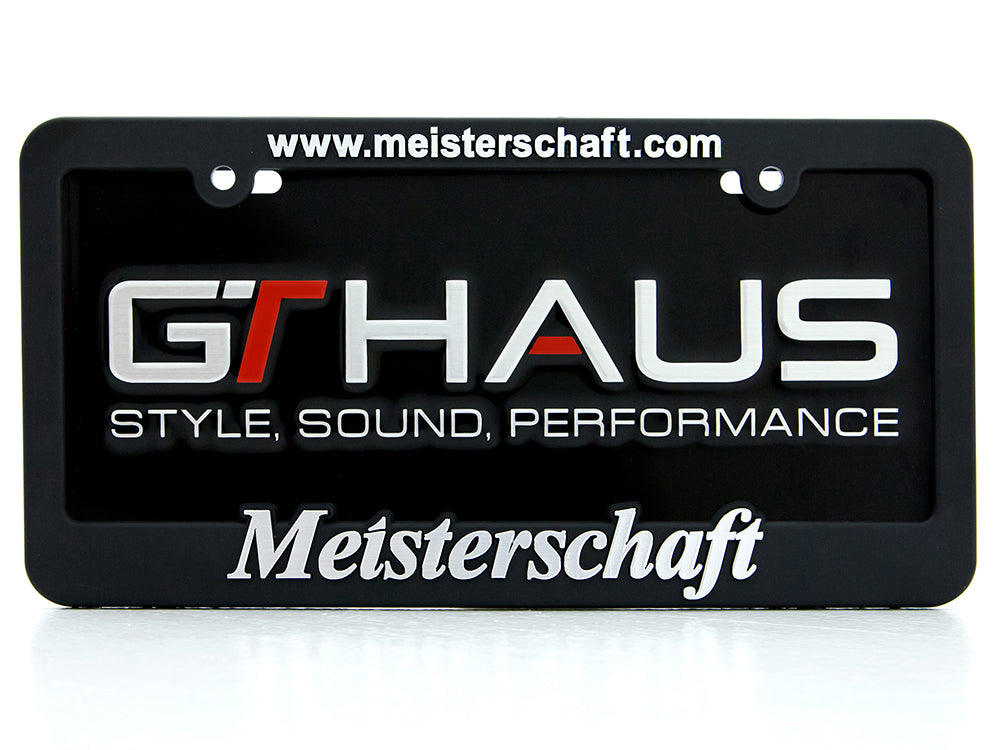 Meisterschaft license frame featuring GTHAUS branding, emphasizing style, sound, and performance for automotive enthusiasts.