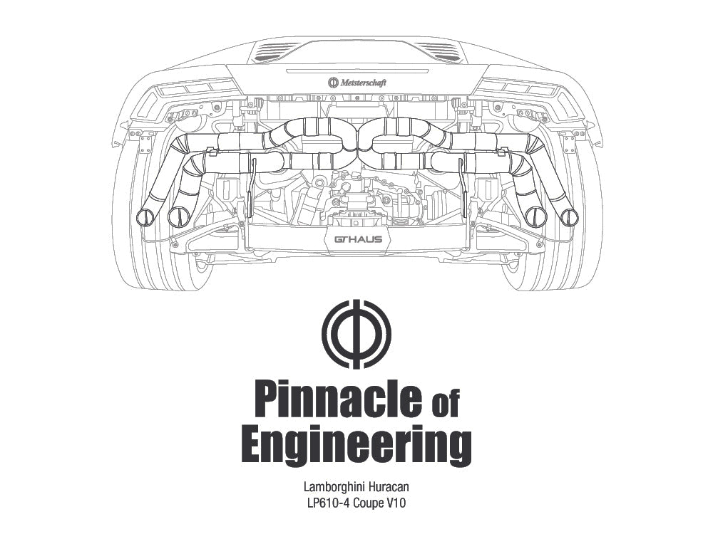 MEISTERSCHAFT T-shirt featuring a detailed illustration of the Lamborghini Huracan's exhaust system with the text "Pinnacle of Engineering.