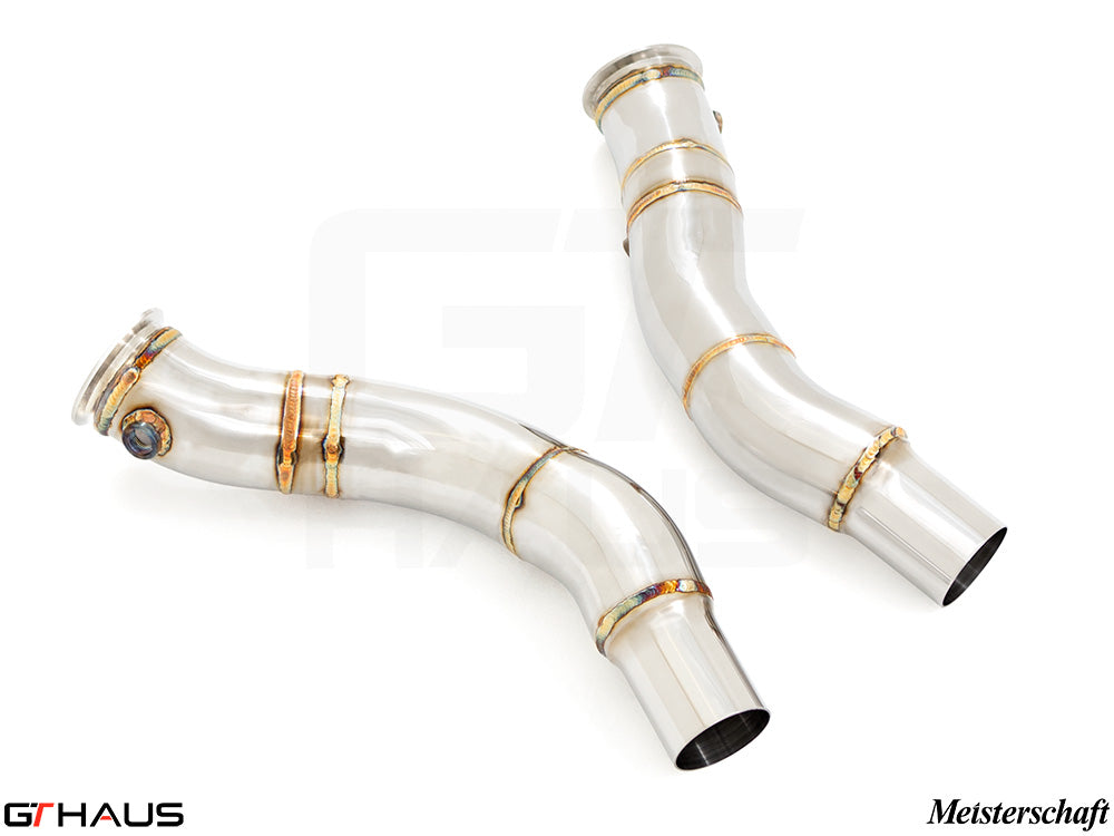 Alfa Romeo Giulia 2016-2022 down pipes featuring OBD2 and 400 CEL sport cats, crafted from high-quality stainless steel.