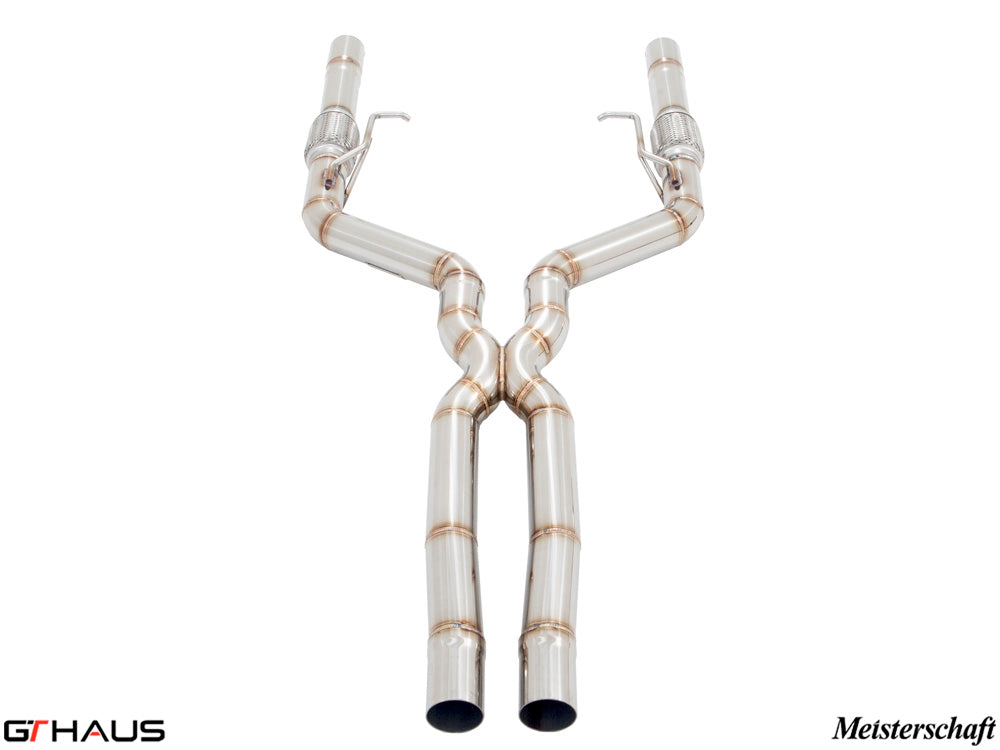 Alfa Romeo Giulia 2016-2022 cat-back LSR front and mid pipe with resonator delete, featuring polished stainless steel construction.