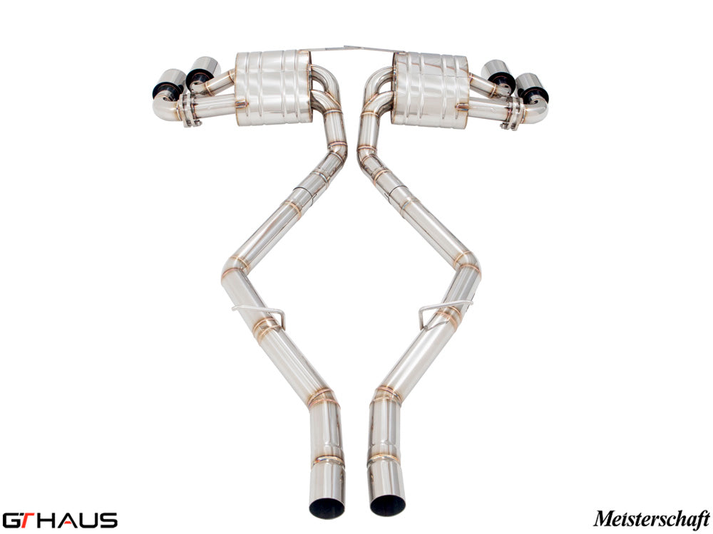 Premium performance exhaust system for Alfa Romeo Giulia Quadrifoglio, featuring stainless steel construction and dual tips.