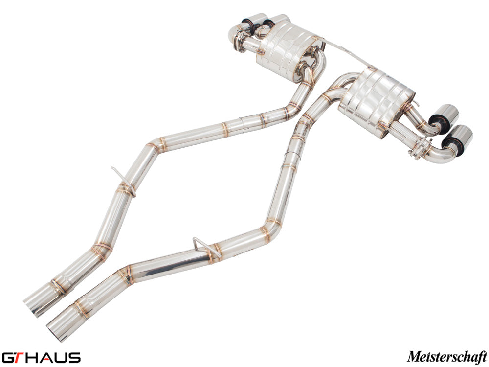 Premium performance exhaust system for Alfa Romeo Giulia Quadrifoglio, featuring stainless steel construction and dual tips.