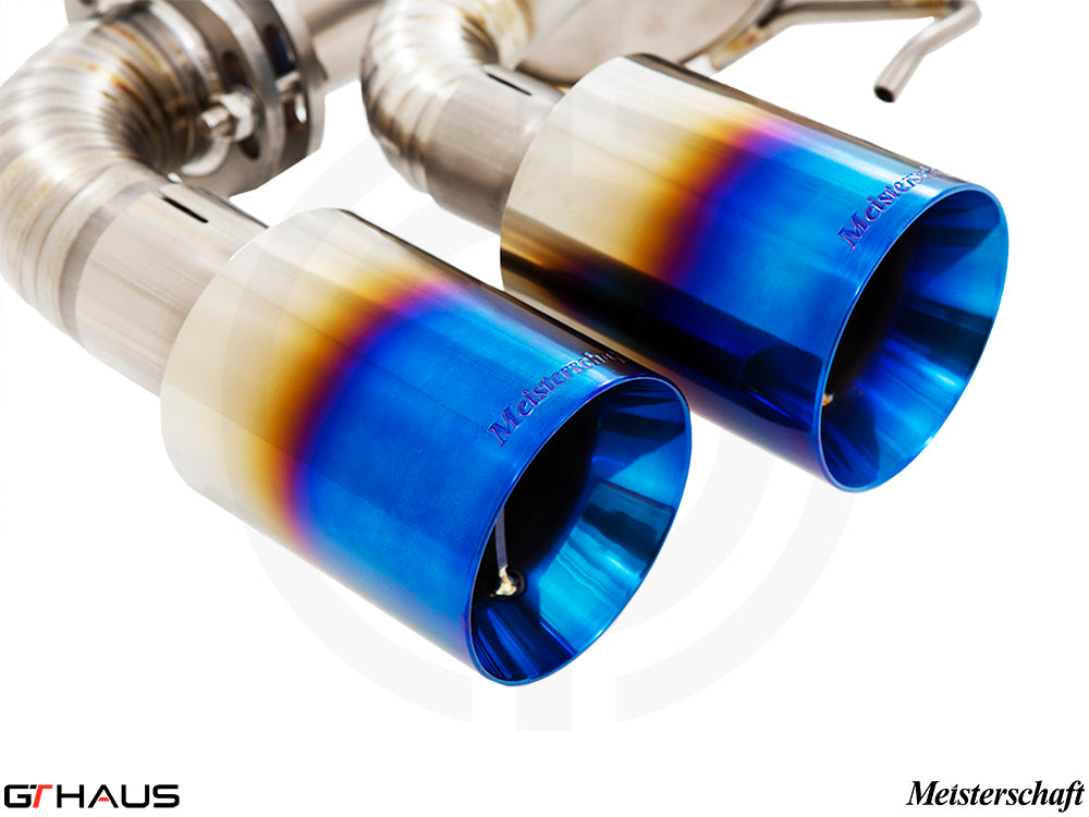 Premium Meisterschaft exhaust tips for Alfa Romeo Giulia Quadrifoglio, featuring a vibrant blue finish and high-quality stainless steel.