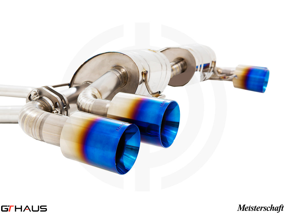 Premium performance exhaust system for Alfa Romeo Giulia Quadrifoglio featuring blue-tipped dual exhaust outlets.