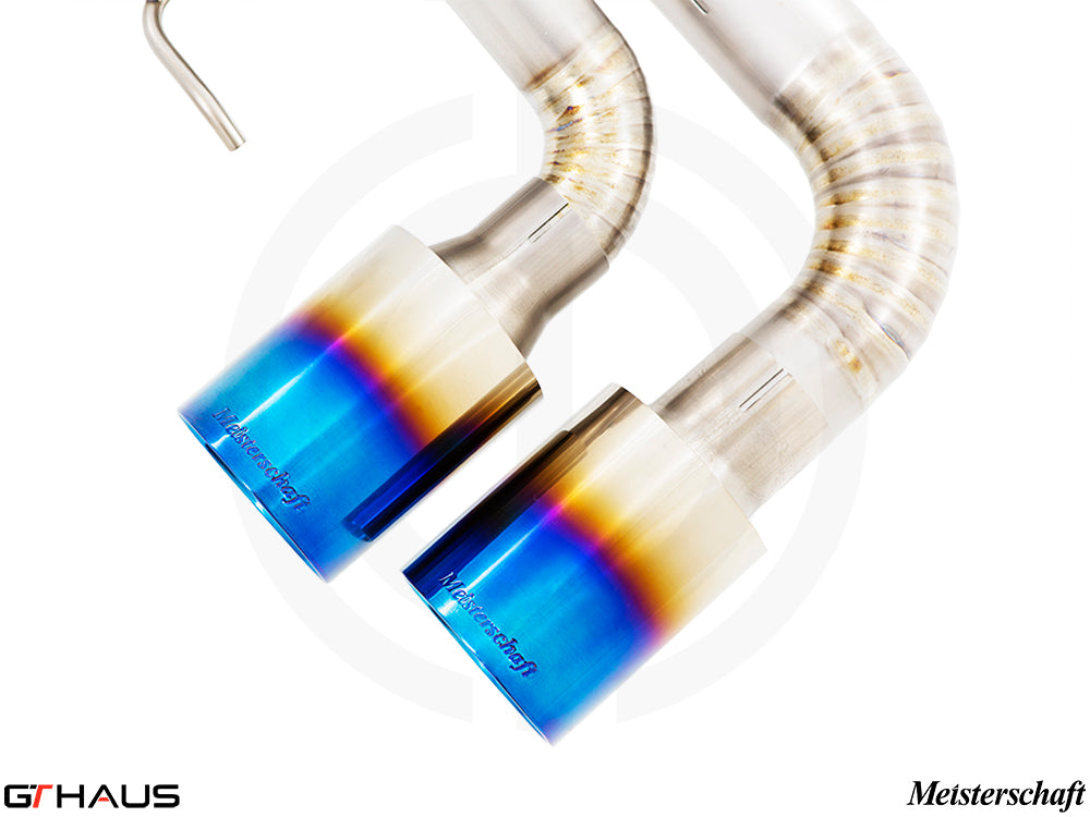 Premium Meisterschaft exhaust tips for Alfa Romeo Giulia Quadrifoglio, featuring a polished finish and vibrant blue accents.