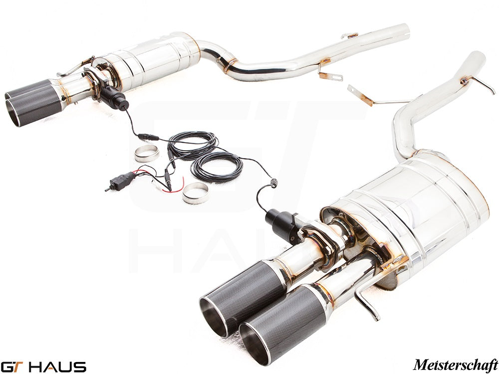Premium performance exhaust system for Audi A8/S8 D3 with 5.2L V10, featuring dual tips and electronic valve control.