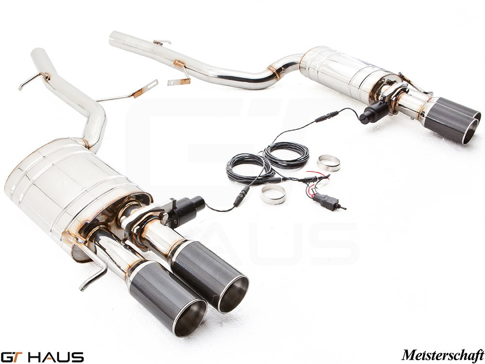 Premium exhaust system for Audi A8/S8 D3 with 5.2L V10, featuring dual tips and electronic valve control.