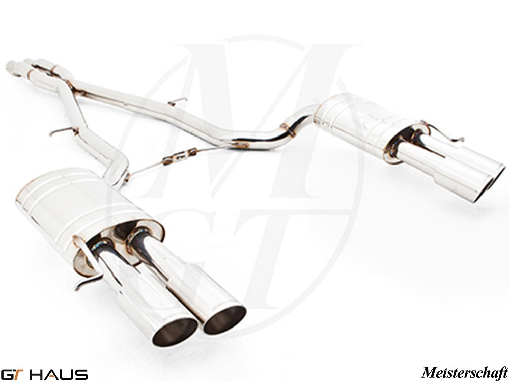 Premium exhaust system for Audi A8/S8 D3 with 5.2L V10, featuring polished stainless steel dual tips.
