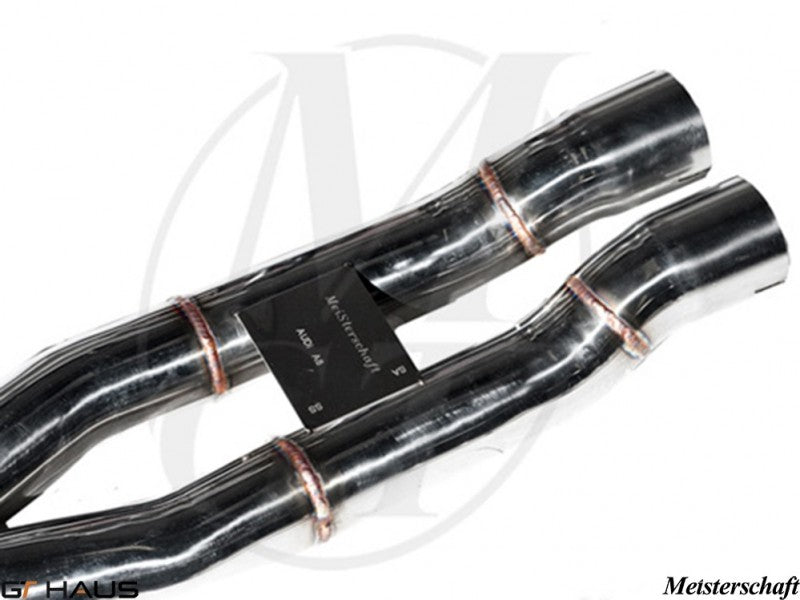 Cat-back resonator delete for Audi A8/S8 D3 models, featuring polished stainless steel mid and SR pipes for enhanced performance.