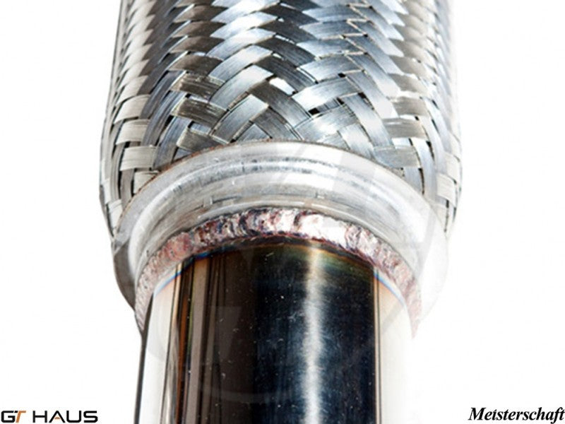 Close-up of a braided stainless steel exhaust pipe for Audi A8/S8 D3 models, showcasing high-quality craftsmanship and welds.