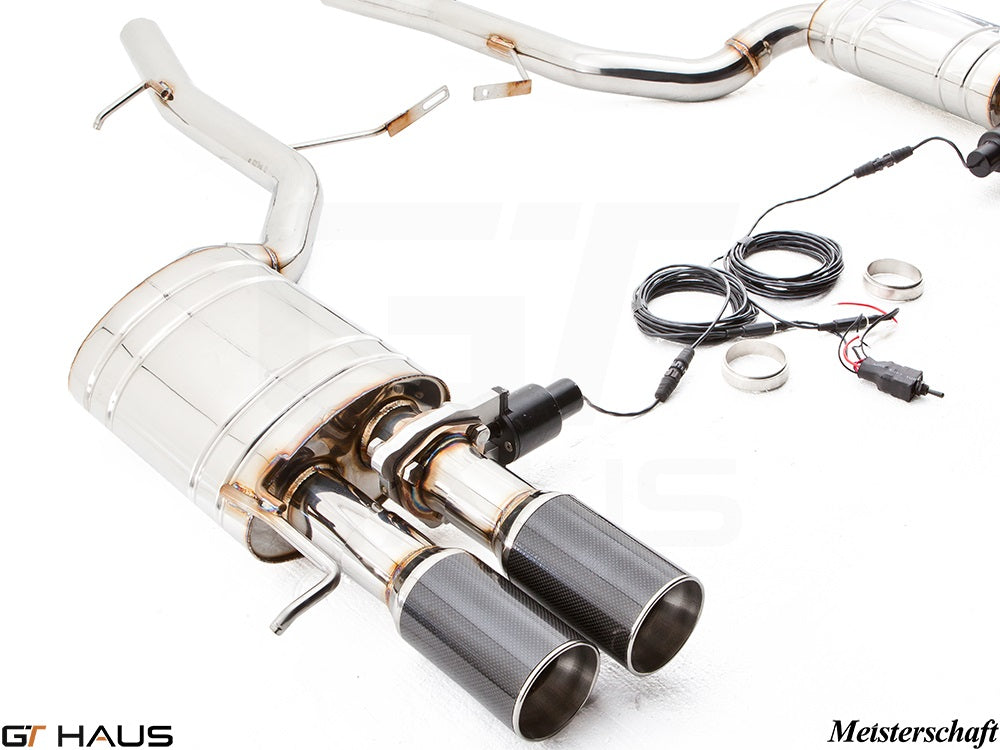 Premium Meisterschaft exhaust system for Audi A8/S8 D3 W12 6.0L Quattro, featuring dual tips and electronic valve control.