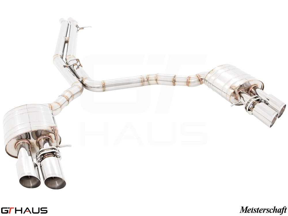 Premium performance exhaust system for Audi A8/S8 D4 Quattro, featuring stainless steel construction and dual tips.