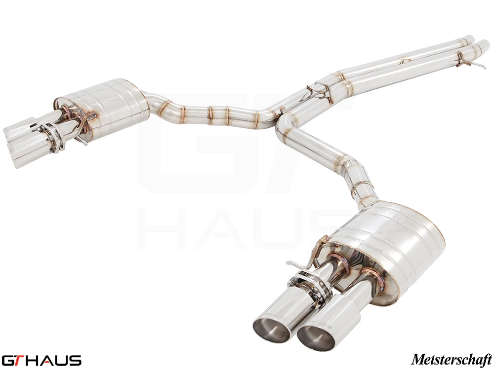Premium performance exhaust system for Audi A8/S8 D4 Quattro, featuring stainless steel construction and dual tips.