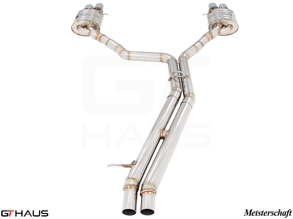 Premium performance exhaust system for Audi A8/S8 D4 Quattro, featuring stainless steel construction and dual tips.