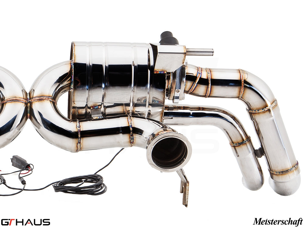 Premium stainless steel exhaust system for Audi R8 Coupe/Roadster V10, featuring precision craftsmanship and electronic valve control.