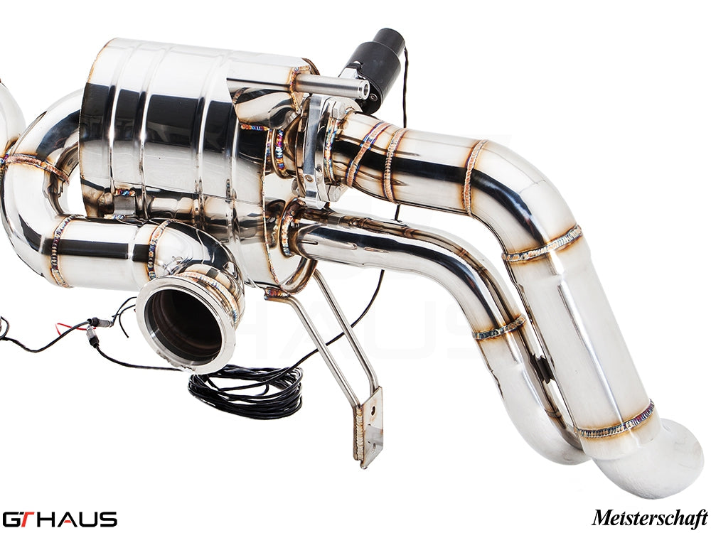 Premium stainless steel exhaust system for Audi R8 V10, featuring intricate design and electronic valve control.