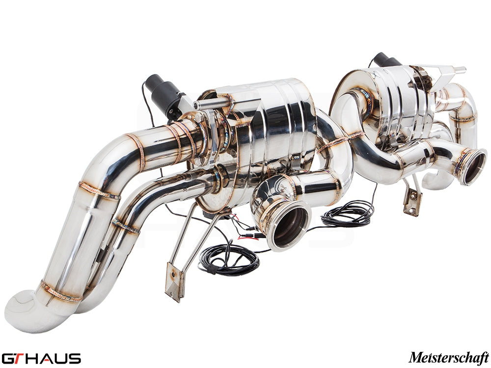 Premium exhaust system for Audi R8 V10 models, featuring polished stainless steel construction and electronic valve control.