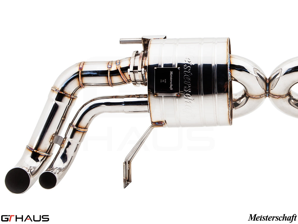 Premium Meisterschaft exhaust system for Audi R8 V10 models, featuring polished stainless steel construction and advanced design.