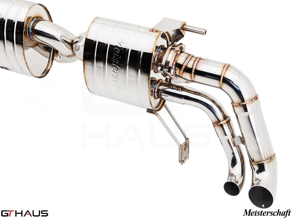 Premium Meisterschaft exhaust system for Audi R8 V10 models, featuring polished stainless steel construction and electronic valve control.