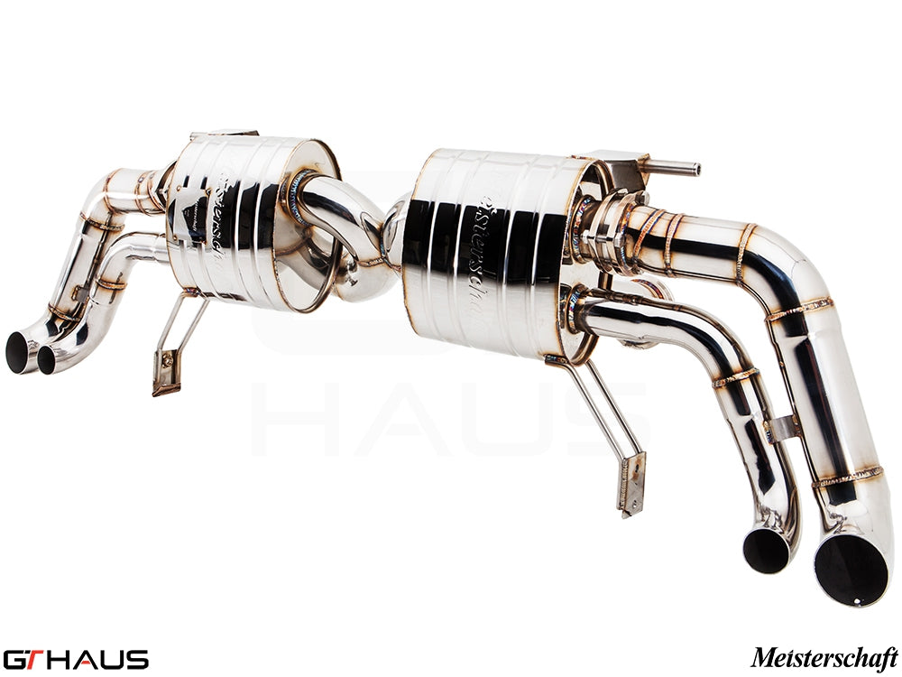 Premium Meisterschaft exhaust system for Audi R8 V10 models (2013+) featuring polished stainless steel construction.