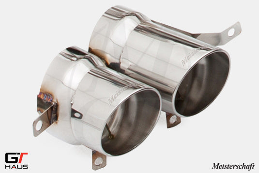 Polished stainless steel 4x83mm exhaust tips for Audi R8 Coupe/Roadster 2008-2012, enhancing performance and style.