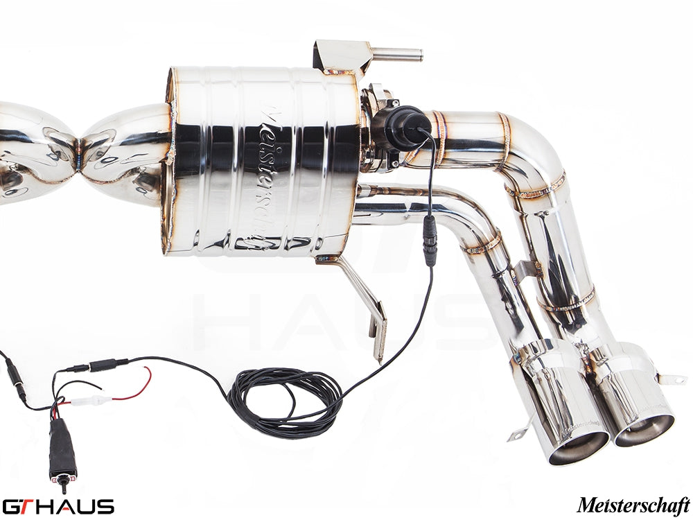 Premium exhaust system for Audi R8 Coupe/Roadster 4.2L V8 (2008-2012) featuring polished stainless steel and electronic valve control.