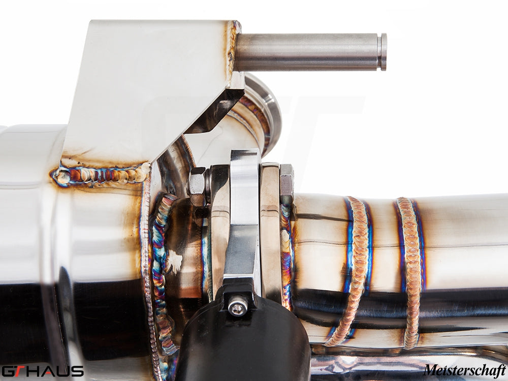 Close-up of a Meisterschaft exhaust system component for Audi R8 Coupe/Roadster 4.2L V8, showcasing premium stainless steel craftsmanship.