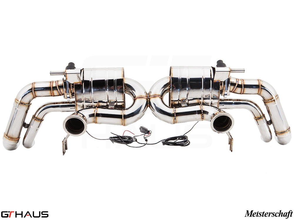 Premium exhaust system for Audi R8 Coupe/Roadster 4.2L V8, featuring polished stainless steel and electronic valve control.