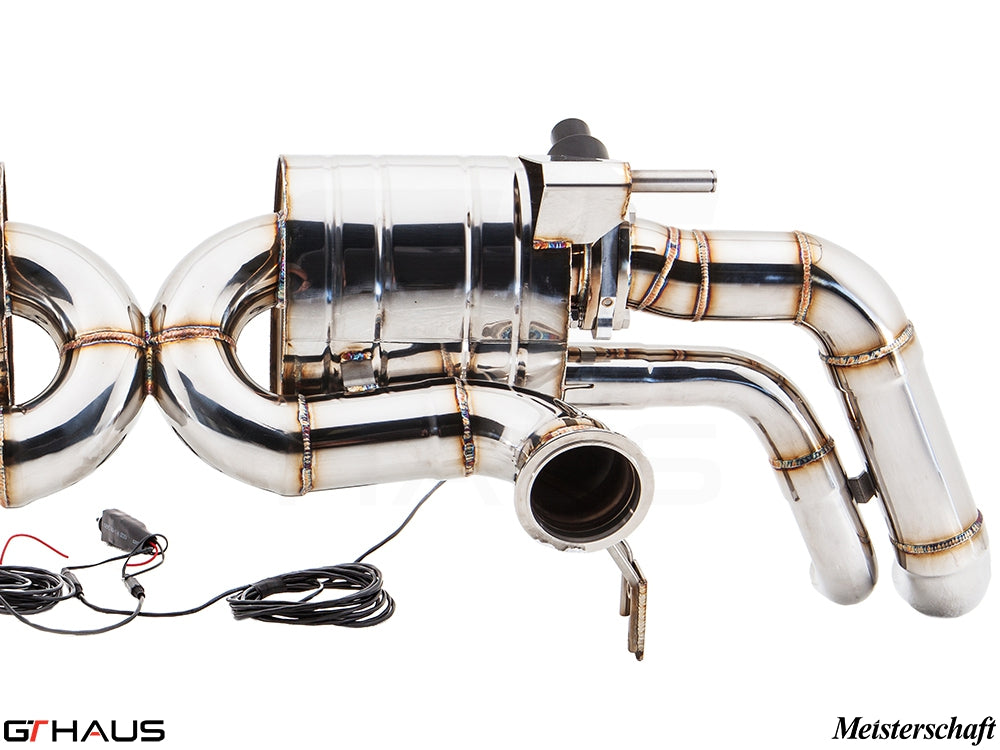 Premium Meisterschaft exhaust system for Audi R8 Coupe/Roadster 4.2L V8, showcasing stainless steel construction and valve control.