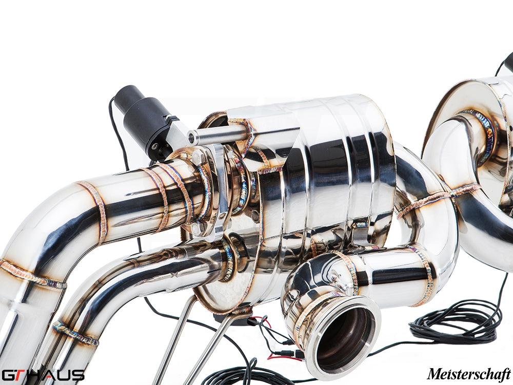 Premium performance exhaust system for Audi R8 Coupe/Roadster 4.2L V8, showcasing polished stainless steel construction.