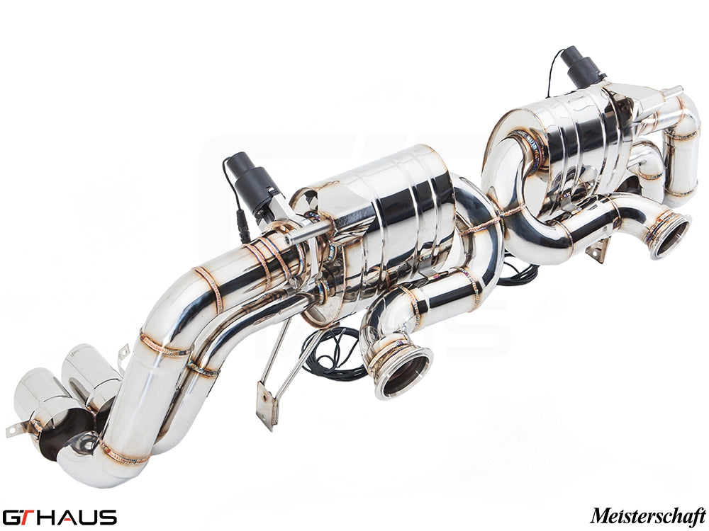 Premium Meisterschaft exhaust system for Audi R8 Coupe/Roadster 4.2L V8, featuring polished stainless steel and electronic valve control.