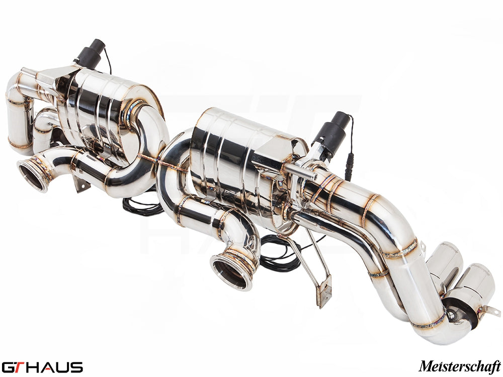 Premium stainless steel exhaust system for Audi R8 Coupe/Roadster 4.2L V8, featuring electronic valve control for enhanced performance.