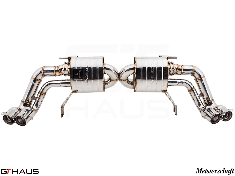 Premium Meisterschaft exhaust system for Audi R8 Coupe/Roadster 4.2L V8 (2008-2012) with polished stainless steel finish.
