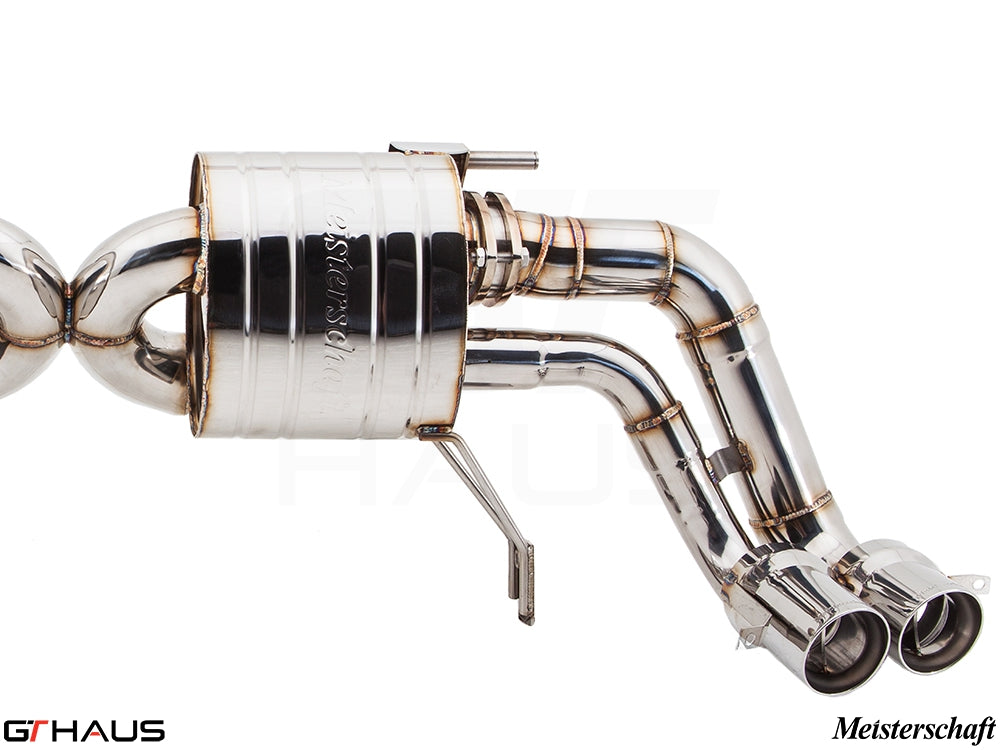 Premium Meisterschaft exhaust system for Audi R8 Coupe/Roadster 4.2L V8, showcasing polished stainless steel construction.