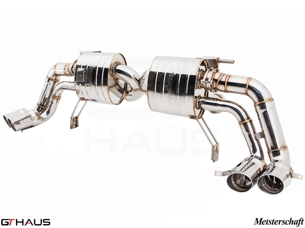Premium exhaust system for Audi R8 Coupe/Roadster 4.2L V8 (2008-2012) featuring polished stainless steel construction.