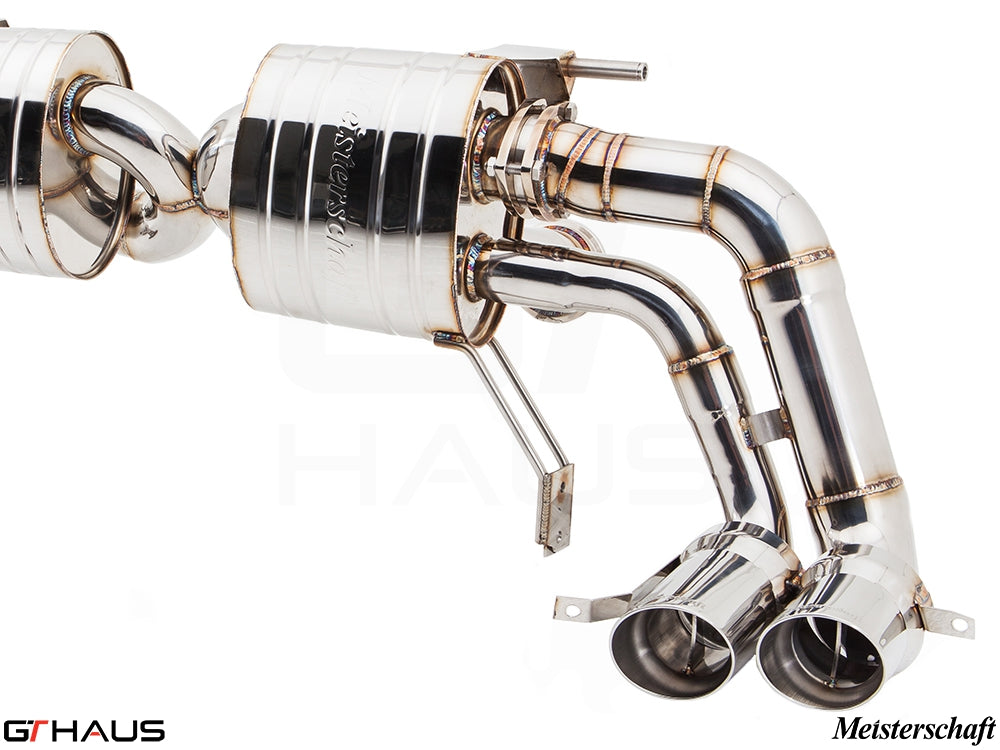Premium Meisterschaft exhaust system for Audi R8 Coupe/Roadster 4.2L V8, featuring polished stainless steel construction.
