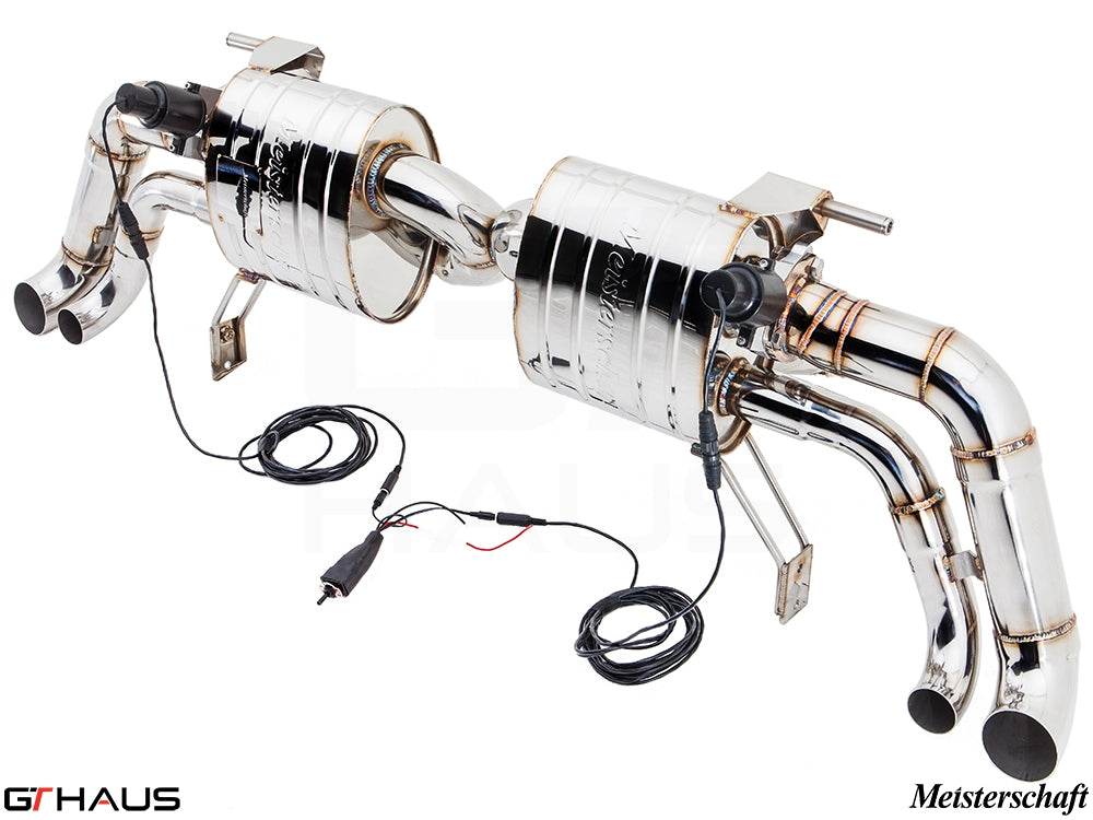 Premium stainless steel exhaust system for Audi R8 Coupe/Roadster 4.2L V8, featuring electronic valve control for enhanced performance.