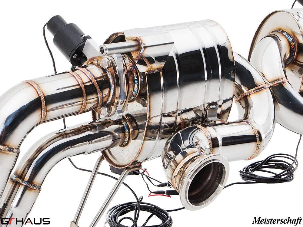 Premium exhaust system for Audi R8 Coupe/Roadster 4.2L V8, featuring polished stainless steel and electronic valve control.