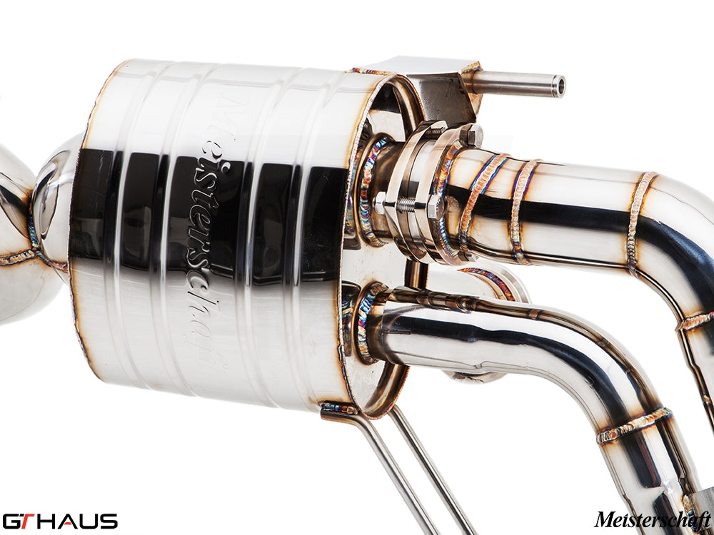 Premium Meisterschaft exhaust system for Audi R8 Coupe/Roadster 4.2L V8, showcasing polished stainless steel construction.